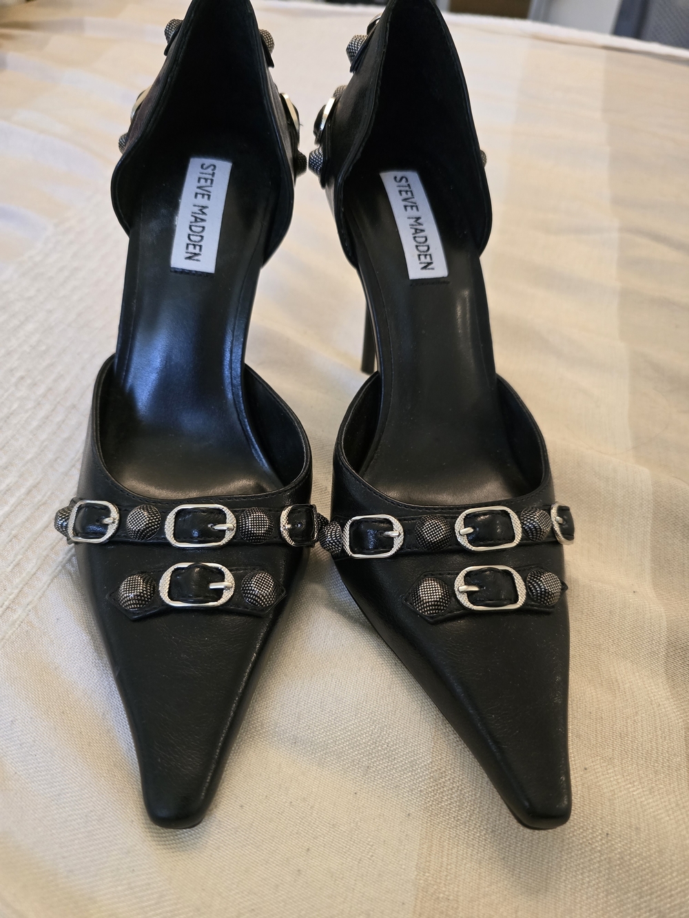 Steve Madden Black Pointed D'Orsay Heels with Silver Buckle Straps